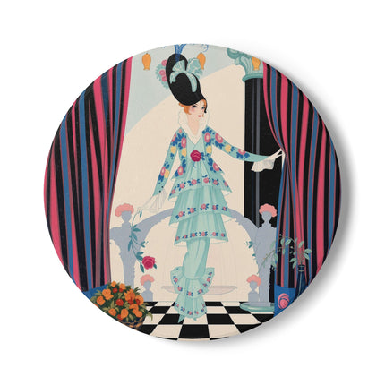 🌹🎭 The Lady Between The Curtains Ceramic Coaster – Art Deco Floral Theatre