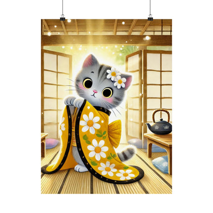 🐱🍵 Playful Kitten in the Tea Room Matte Vertical Poster – Curious Charm & Cozy Whimsy