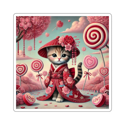 Whimsical Geisha Kitten in a Valentine Garden Kiss-Cut Stickers (4 Sizes)