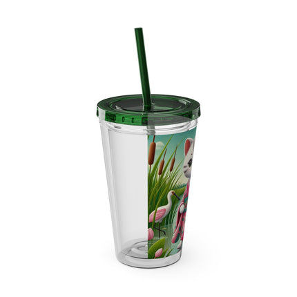 Geisha Kitten Strolls Among the Spoonbills Sunsplash Tumbler with Straw, 16oz