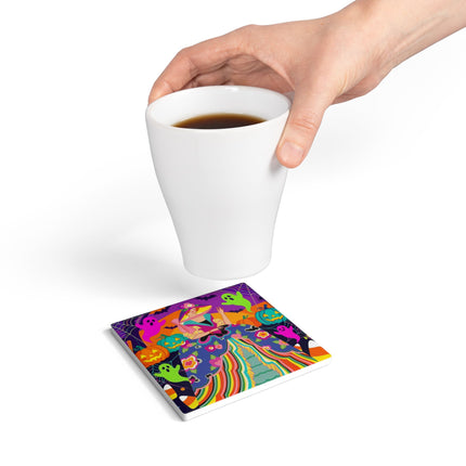 🌈👻 The Rainbow Ghost Masquerade Ceramic Coaster – Colorful Halloween Charm