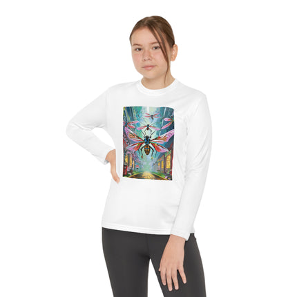 Neon Swarm Youth Long Sleeve Competitor Tee – Cyberpunk Flight & Futuristic Energy