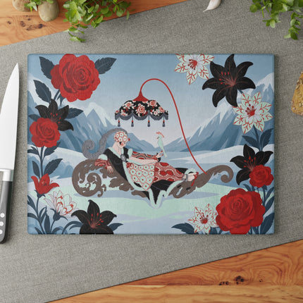 🌹❄️ The Lady Of The Winter Rose Sleigh Glass Cutting Board – Art Deco Alpine Elegance
