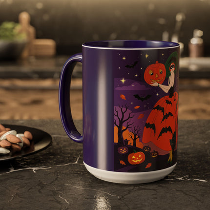 🎃🌕 The Pumpkin Moon Enchantress Colorful Mug – Elegant Halloween Masquerade