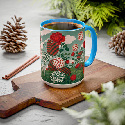 🌹💚 The Scarlet Rose Checkerboard Garden Colorful Mug – Art Deco Floral Whimsy
