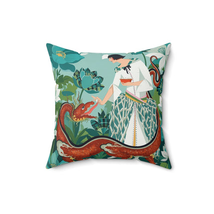 🐉🌿 The Dragon Keeper Square Pillow – Art Deco Floral Fantasy