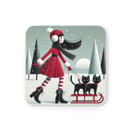 Red Sled & Curious Cats Cork Back Coaster