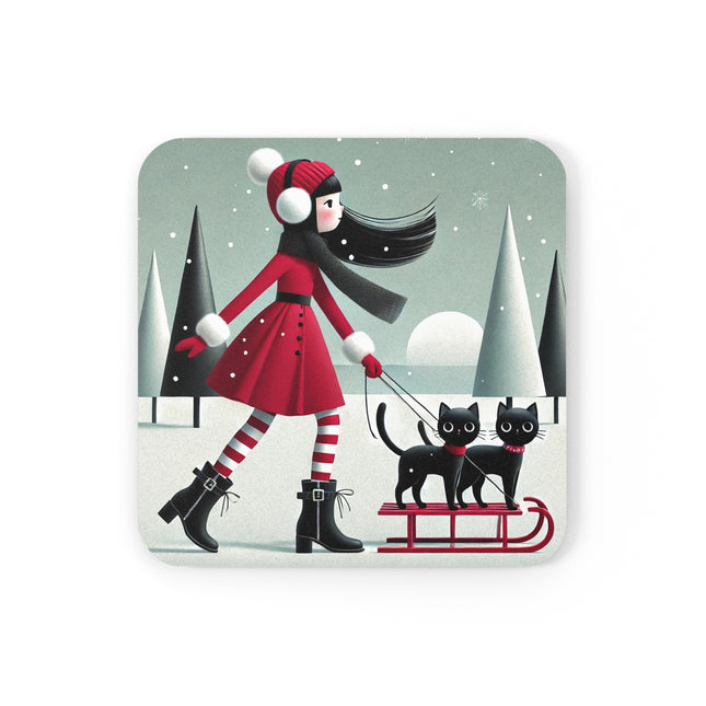 Red Sled & Curious Cats Cork Back Coaster