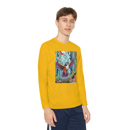 A Colorful Raptor Youth Long Sleeve Competitor Tee – Dino Adventure & Forest Wonder