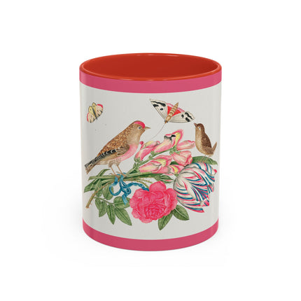 Pair of brown birds on bouquet with tulip, rose, and snapdragons, with butterflies by AnonymousAccent Coffee Mug, 11oz