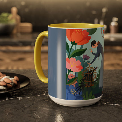The Lady And The Mysterious Bird Colorful Mugs – Art Deco Botanical Mystery