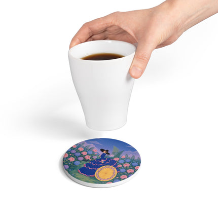 🌸☂️ The Lady Of The Flower Garden Parasol Ceramic Coaster – Art Deco Garden Elegance