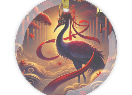 Regal Crimson Crane in the Autumn Mist Glass Ornament