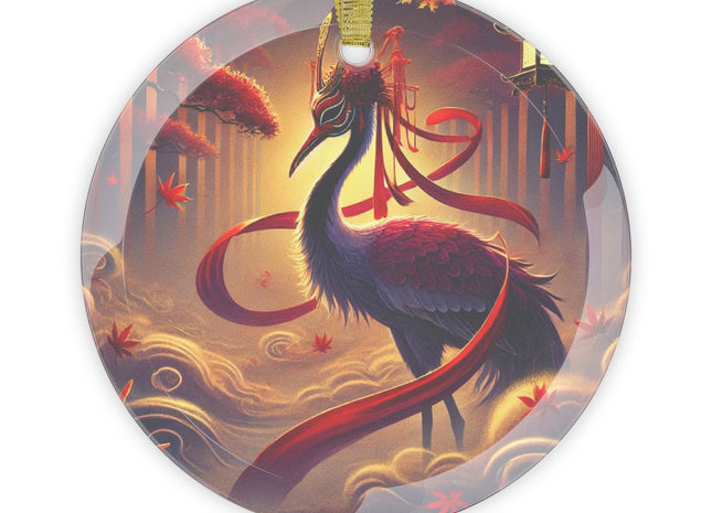 Regal Crimson Crane in the Autumn Mist Glass Ornament