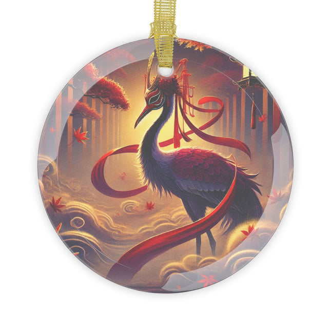 Regal Crimson Crane in the Autumn Mist Glass Ornament