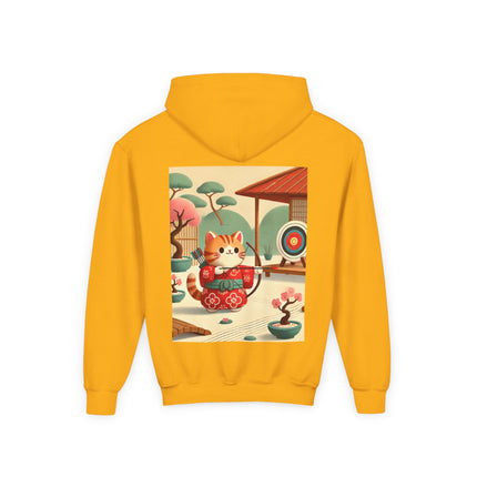 Archer Kitten in the Zen Garden Youth Hooded Sweatshirt – Calm Focus & Playful Strength