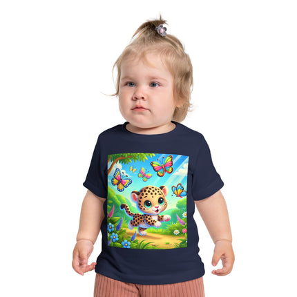 Butterfly Chase Leopard Cub Baby T-Shirt – Playful Adventure & Sunny Meadow Dreams