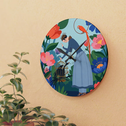 🌺🦜 The Lady Of The Enchanted Aviary Acrylic Wall Clock – Art Deco Floral Garden