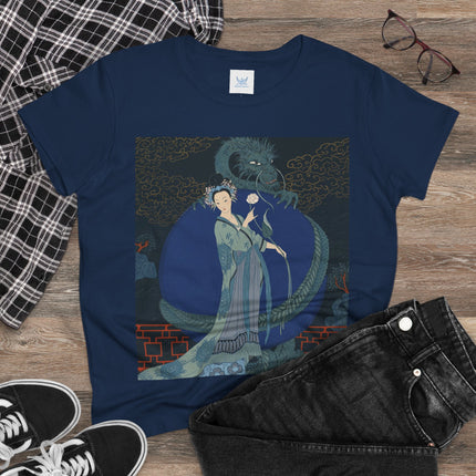 🐉🪷 The Lady Of The Lotus Dragon Cotton Tee – Art Deco Asian Fantasy