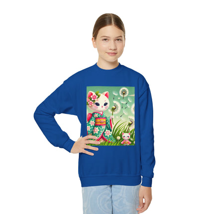 Geisha Kitten and the Dandelion Wish Youth Crewneck Sweatshirt – Gentle Magic, Dreams & Quiet Beauty