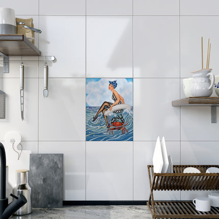 🦀🌊 The Seaside Crab Ride Ceramic Tile – Art Deco Beach Whimsy