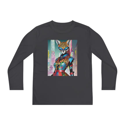 Cyber Cat Glamour Youth Long Sleeve Competitor Tee – Neon Elegance & Futuristic Style