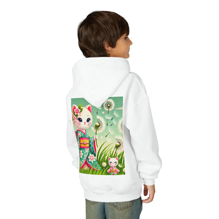 Geisha Kitten and the Dandelion Wish Youth Hooded Sweatshirt – Soft Dreams & Gentle Wonder