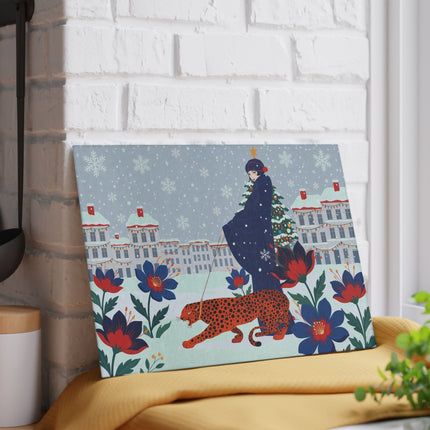 🐆❄️ The Lady And The Christmas Leopard Glass Cutting Board – Art Deco Winter Fantasy