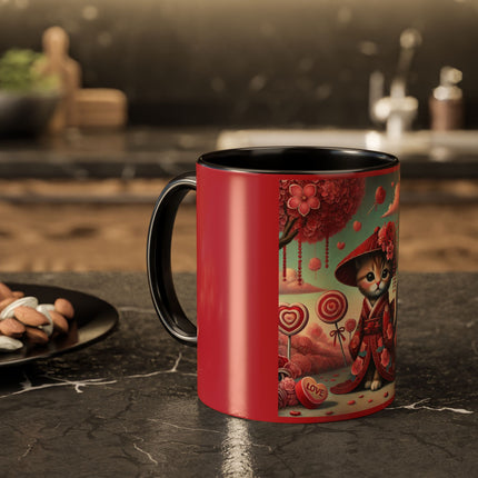 Whimsical Geisha Kitten in a Valentine Garden Colorful Mugs (11oz, 15oz)