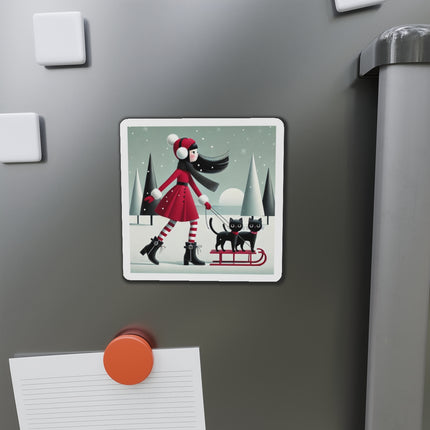 Red Sled & Curious Cats Die-Cut Magnets (5 Sizes)
