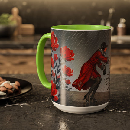 ☔🌹 The Scarlet Rainstorm Promenade Colorful Mug – Art Deco Motoring Elegance