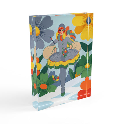 ❄️🌼 The Winter Flower Wanderer Acrylic Art Block – Colorful Art Deco Snow Fantasy