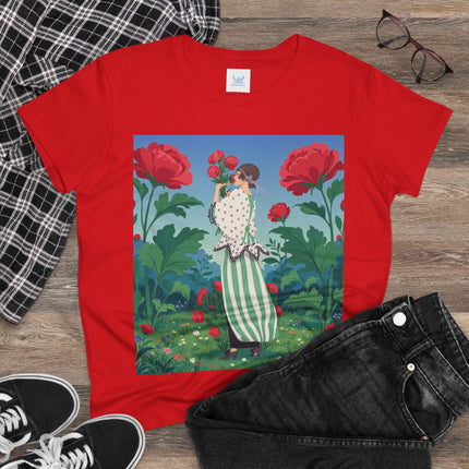 🌹🌿 The Scarlet Rose Garden Cotton Tee – Art Deco Floral Whimsy