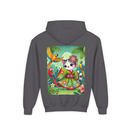 Parrot Dance of the Geisha Kitten Youth Hooded Sweatshirt – Tropical Joy & Whimsical Color