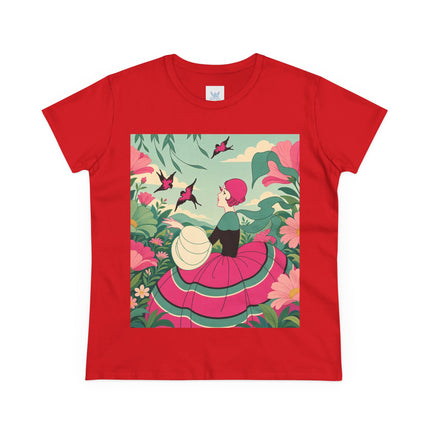 🐦🌺 The Garden Of Flying Birds Cotton Tee – Art Deco Floral Whimsy