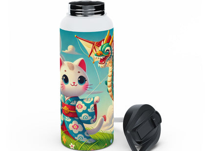 Geisha Kitten and the Dragon Kite Stainless Steel Water Bottle, Standard Lid