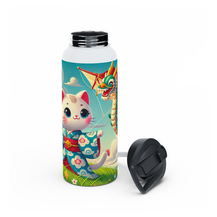 Geisha Kitten and the Dragon Kite Stainless Steel Water Bottle, Standard Lid