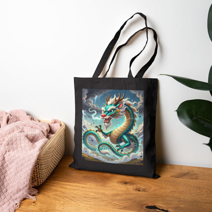 The Tibetan Dragon in Battle Cotton Canvas Tote Bag – Power, Motion & Mythic Energy