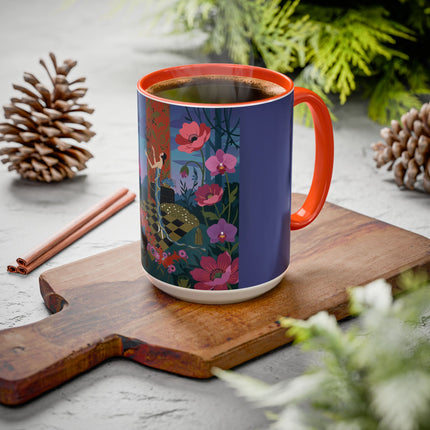 The Lady And The Midnight Birdcage Colorful Mugs – Art Deco Botanical Elegance