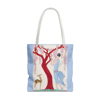 Woman, Fawn, and Red Tree by George Barbier Tote Bag (AOP)