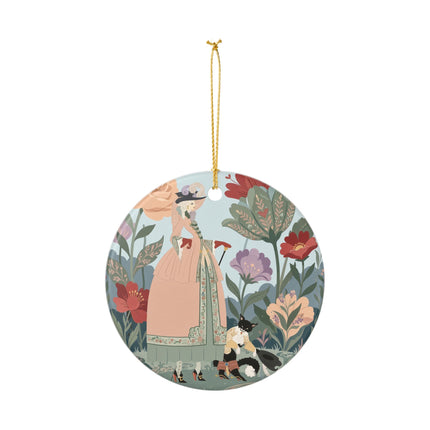 🌹🐈 The Lady And Puss In Boots Ceramic Ornament – Art Deco Floral Whimsy