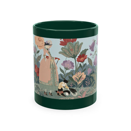 🐈🥾 The Lady & Puss In Boots In The Flower Garden Ceramic Mug – Art Deco Storybook Whimsy