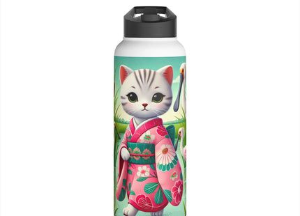 Geisha Kitten Strolls Among the Spoonbills Stainless Steel Water Bottle, Standard Lid