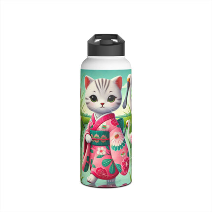 Geisha Kitten Strolls Among the Spoonbills Stainless Steel Water Bottle, Standard Lid