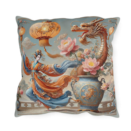 Golden Dragon & Lantern Lady Outdoor Pillows – Imperial Dragon & Elegant Harmony