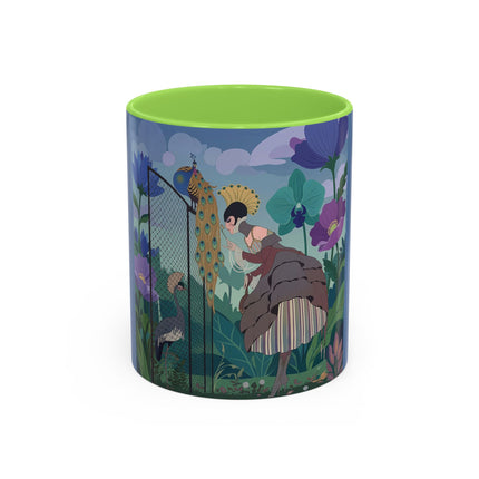 The Lady And The Enchanted Heron Colorful Mugs – Art Deco Botanical Elegance