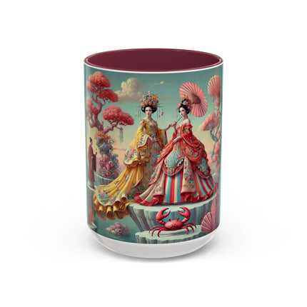 Cherry Blossom Courtesans & Crimson Crab Colorful Mug – Imperial Elegance & Playful Charm