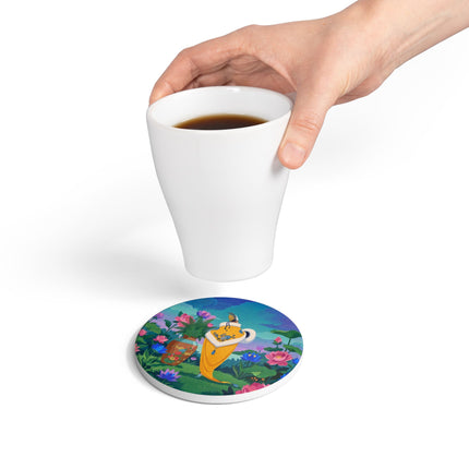 🪷✨ The Lady Of The Golden Lotus Garden Ceramic Coaster – Art Deco Floral Elegance