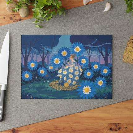 🌼🧶 The Lady Of The Blue Daisy Garden Glass Cutting Board – Art Deco Floral Elegance