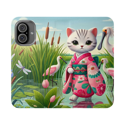 🦩🌸 Geisha Kitten Strolls Among the Spoonbills Flip Case – Serene Grace & Marshland Wonder